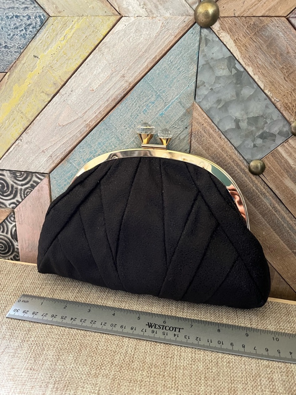 Kate Landry Black Pleated Clutch with Gold Frame